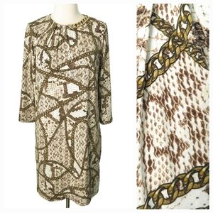 NWOT Michael Kors Chain & Snakeskin Pattern White & Brown 3/4-Sleeve Dress